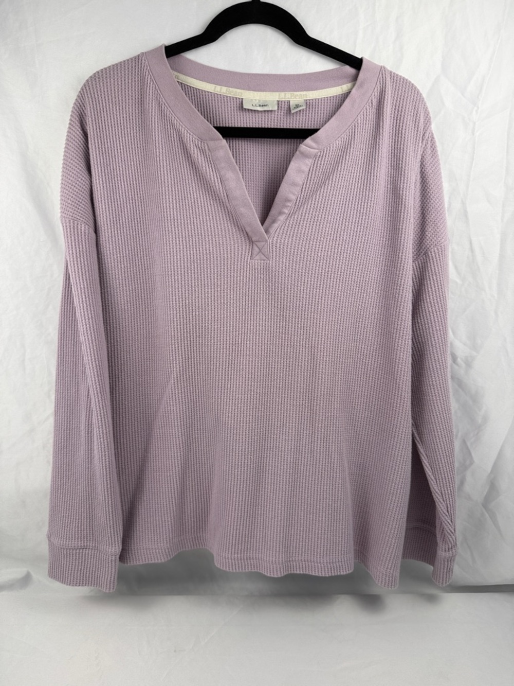 LL Bean Waffle Knit Thermal Top Lavender Long Sleeve XL Relaxed